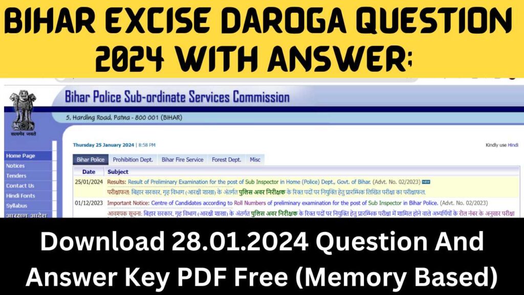 Bihar Excise Daroga Question 2024 With Answer; Download 28.01.2024 Question PDF Free (Memory Based)